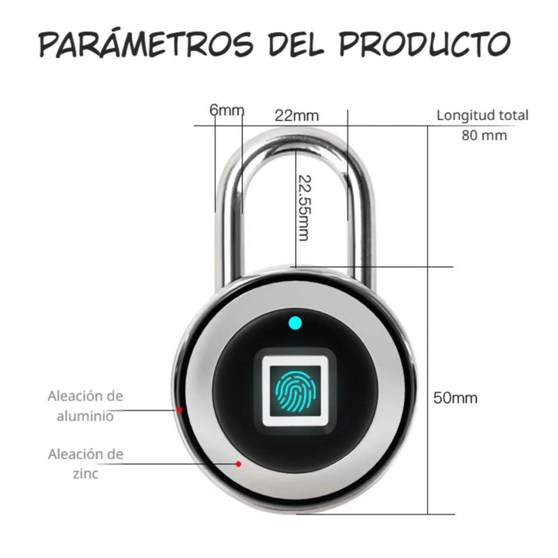 Candado Inteligente con Huella Digital Resistente al Agua IP65. Cuerpo Metálico Antirrobo. Smart lock.