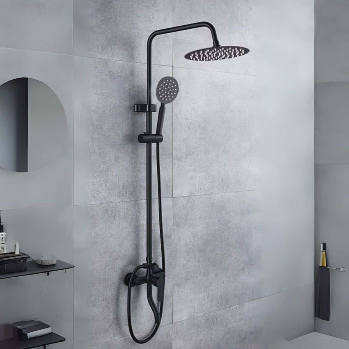 Ducha Tipo Lluvia. Set de Regadera y Ducha de Mano con Manguera. Color Negro.