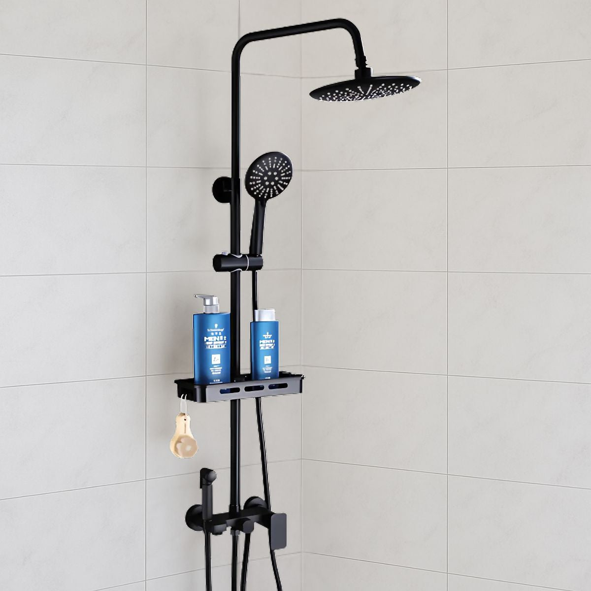 Ducha Tipo Lluvia. Set de Regadera con Ducha de Mano, Bidet y Estante Ajustable. Color Negro Mate.