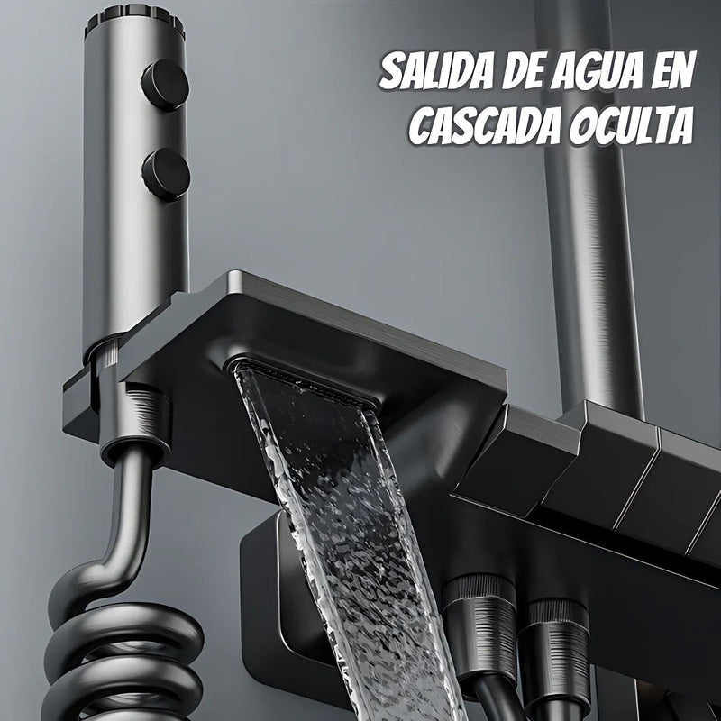 Ducha de baño moderna. Sistema de regadera con rociador tipo lluvia y ducha de mano multifunción. Gris metalizado