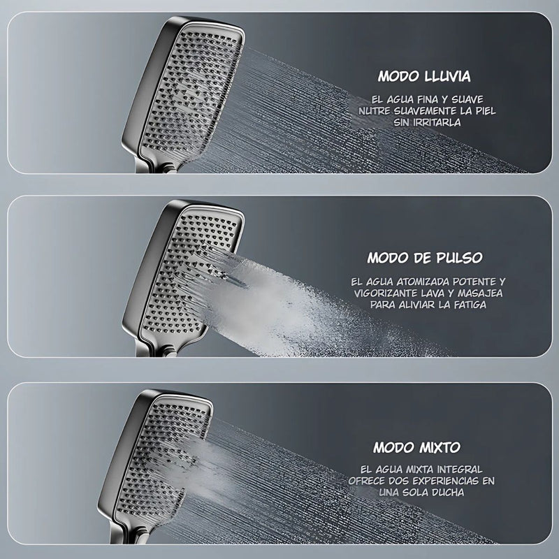 Ducha de baño moderna. Sistema de regadera con rociador tipo lluvia y ducha de mano multifunción. Gris metalizado