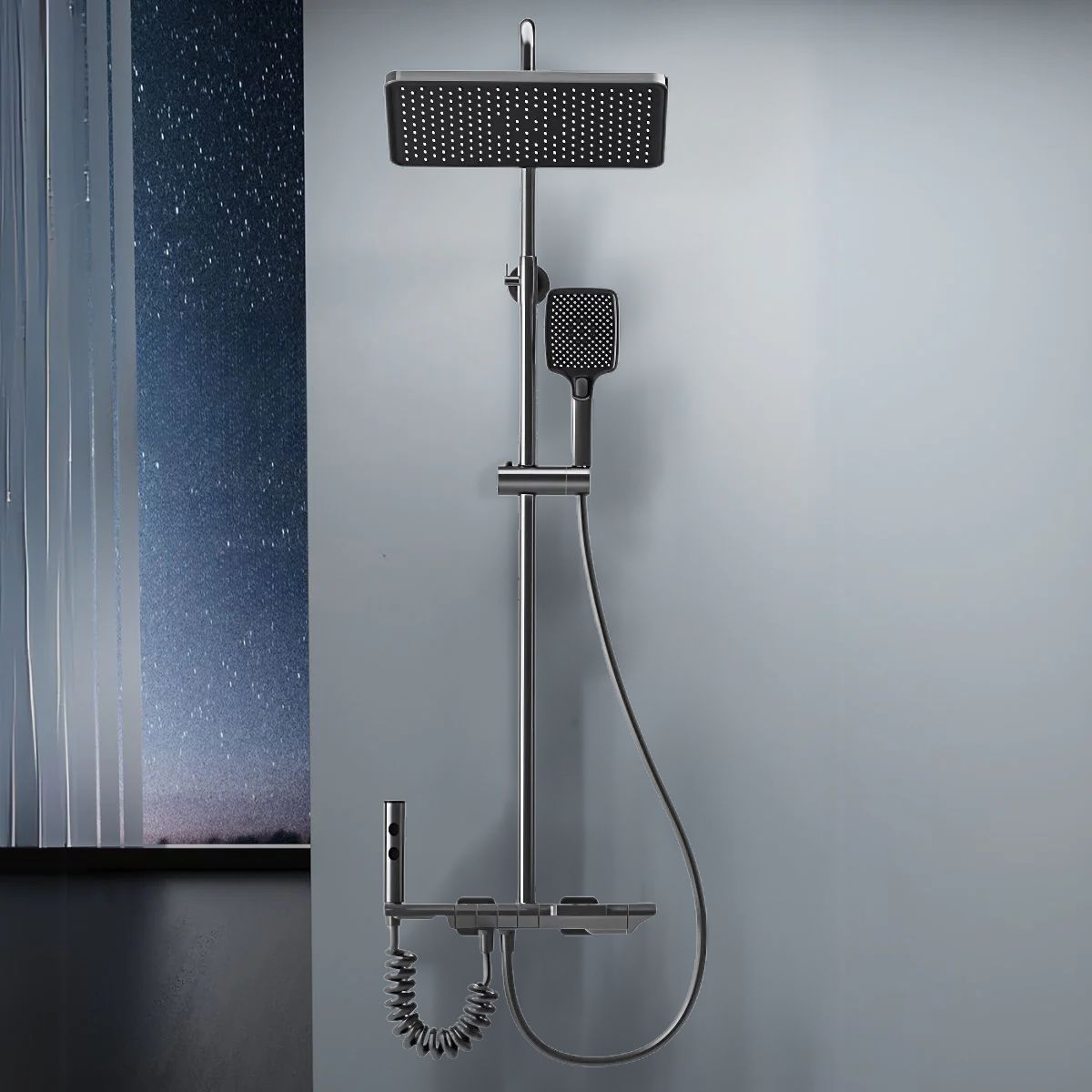 Ducha de baño moderna. Sistema de regadera con rociador tipo lluvia y ducha de mano multifunción. Gris metalizado