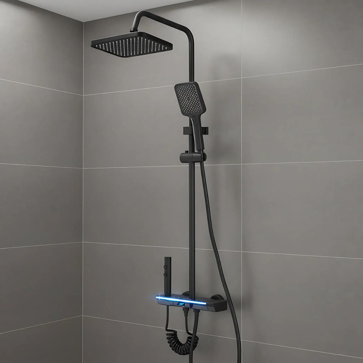 Ducha De Pared Con Rociador Superior Tipo Lluvia. Ducha De Mano De 3 Modos Con Barra Ajustable. Temperatura constante , alta calidad Color Negro