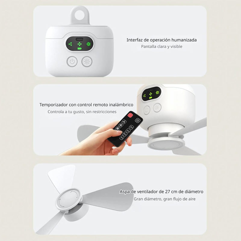 Abanico Ventilador Portátil Recargable con Control Remoto. Abanico de 3 Velocidades, Aspas Desmontables de 10" 27 cm.