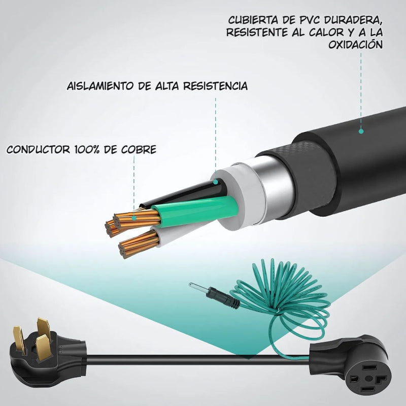 Adaptador de Corriente para Secadora 30A 125/250V. Conector 3 a 4 Ranuras con Cable de Tierra, Potencia Máxima 7500W. 10-30P to 14-30R