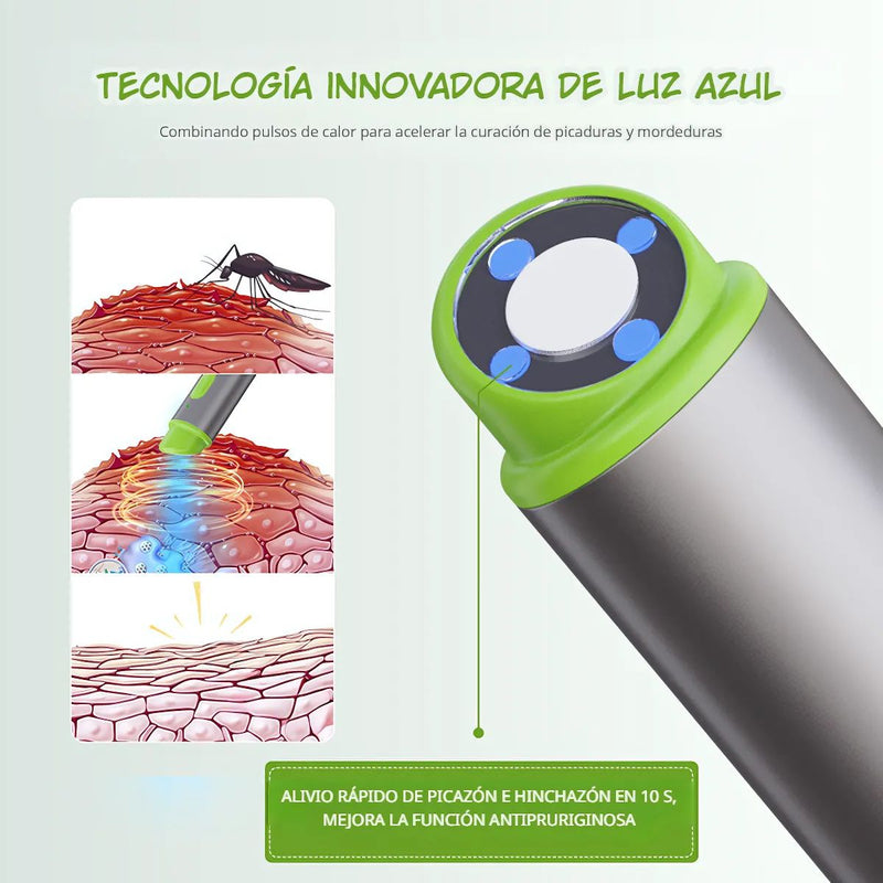 Aliviador de Picaduras de mosquitos e insectos. Recargable con Luz Azul y Calor. Sin Químicos, Seguro para Niños y Adultos.
