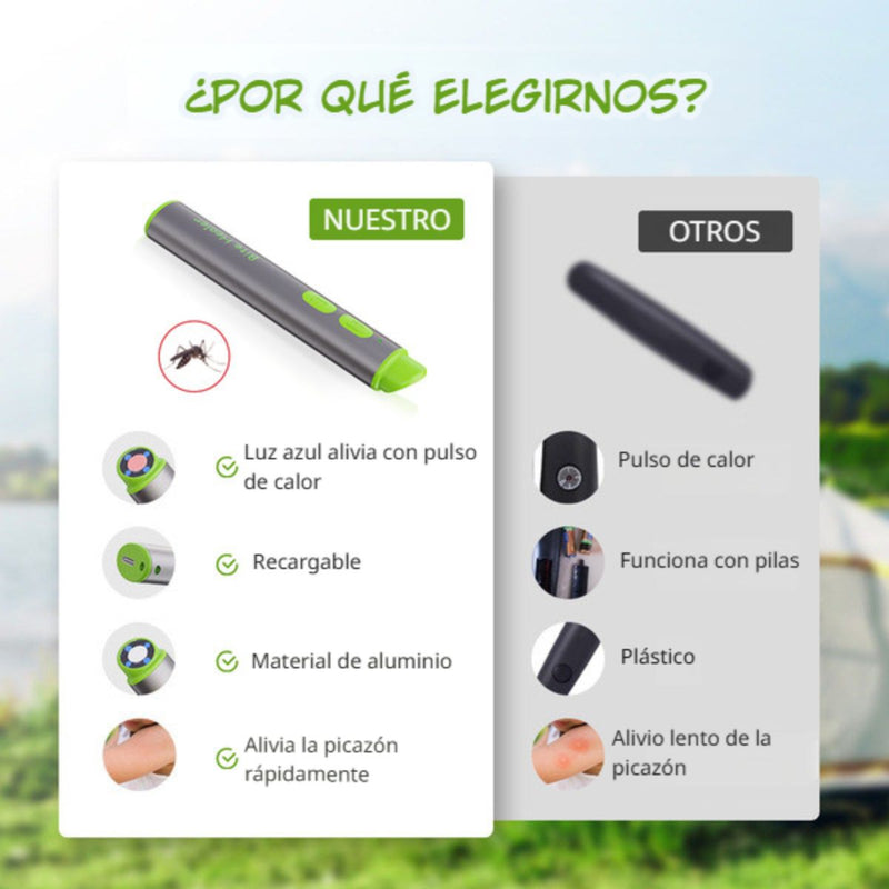 Aliviador de Picaduras de mosquitos e insectos. Recargable con Luz Azul y Calor. Sin Químicos, Seguro para Niños y Adultos.