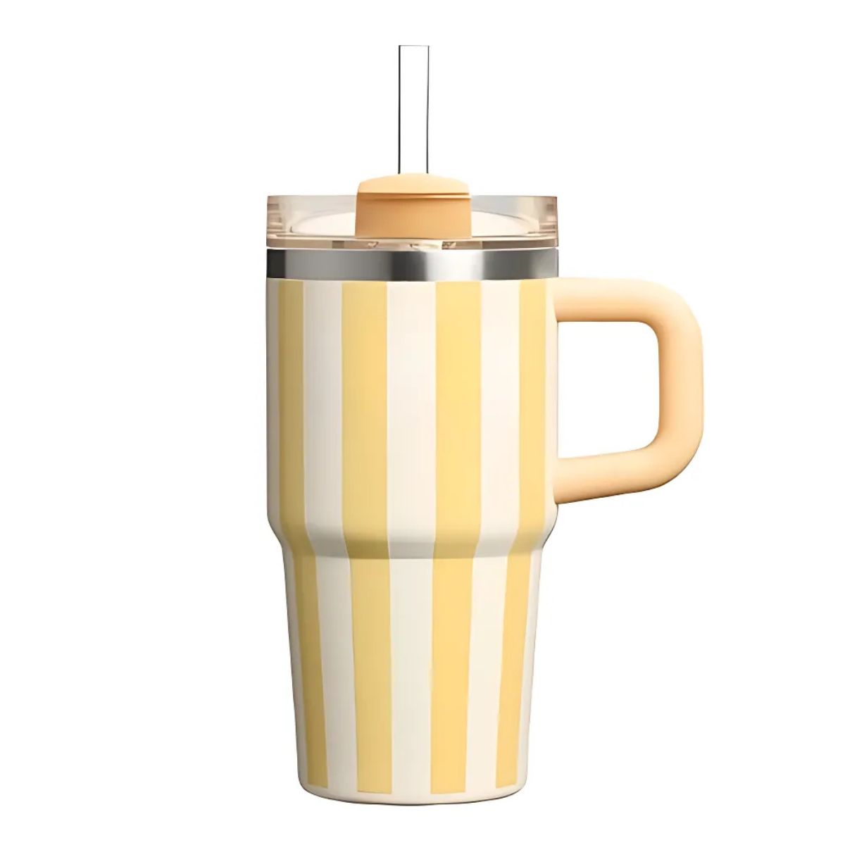 Botella De Agua Termo De 20 oz con carrizo. Vaso Térmico De Acero Inoxidable con popote. Color amarillo con rayas.