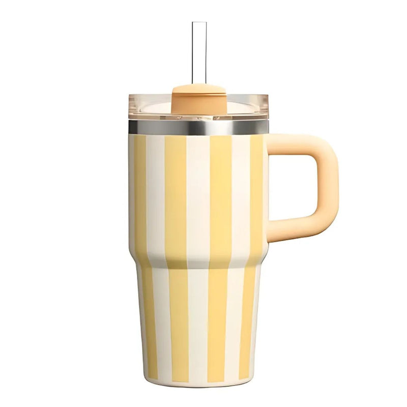 Botella De Agua Termo De 20 oz con carrizo. Vaso Térmico De Acero Inoxidable con popote. Color amarillo con rayas.