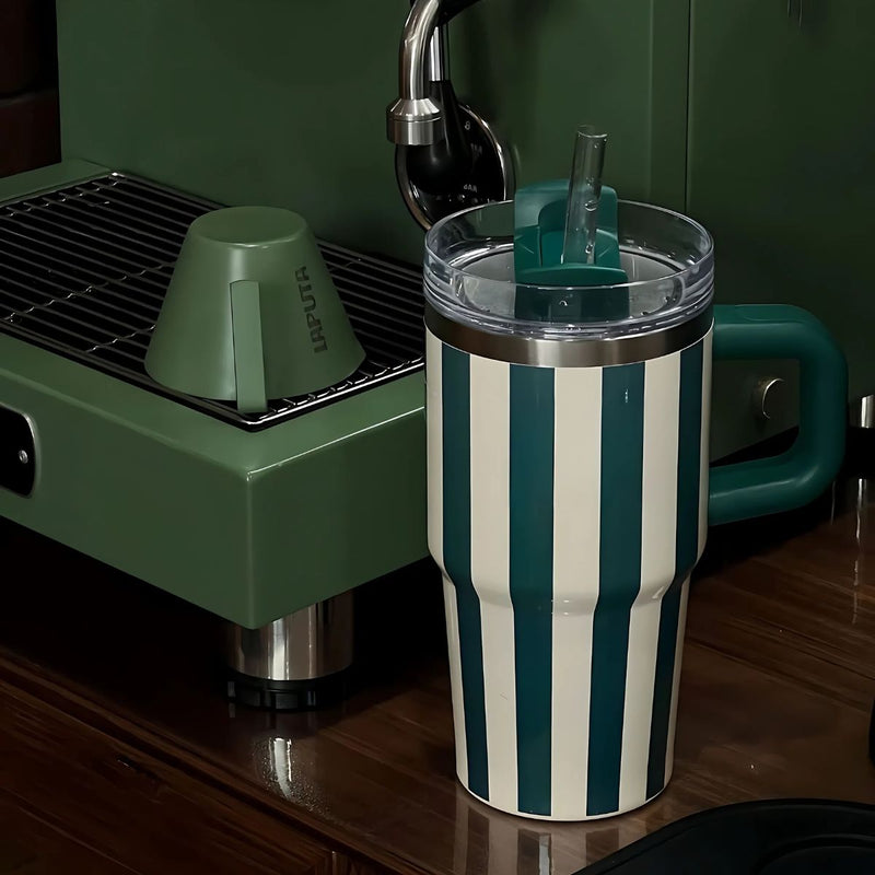 Botella De Agua Termo De 20 oz con carrizo. Vaso Térmico De Acero Inoxidable con popote. Color verde con rayas.