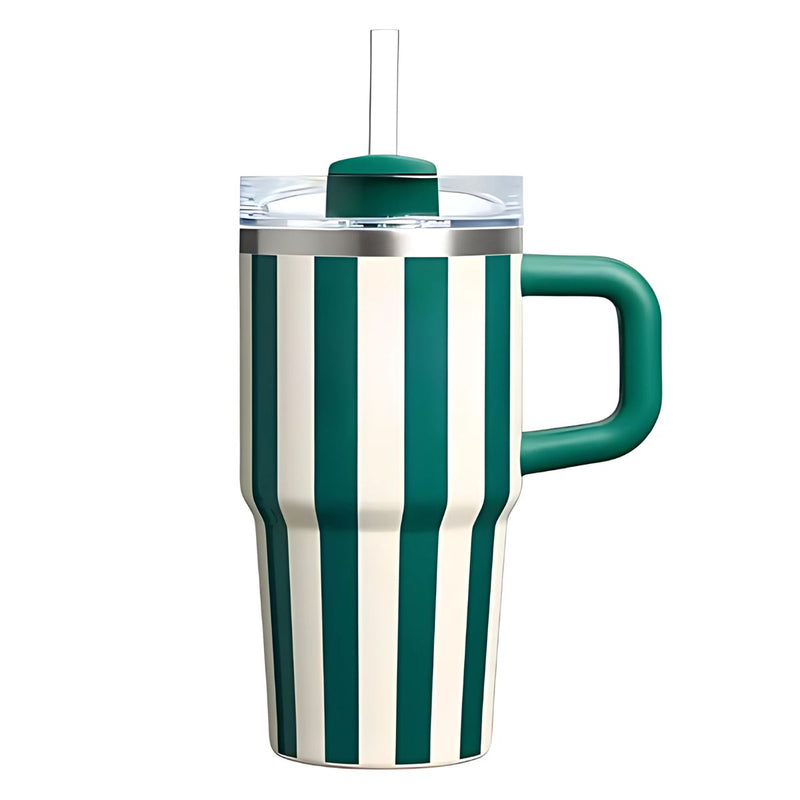 Botella De Agua Termo De 20 oz con carrizo. Vaso Térmico De Acero Inoxidable con popote. Color verde con rayas.