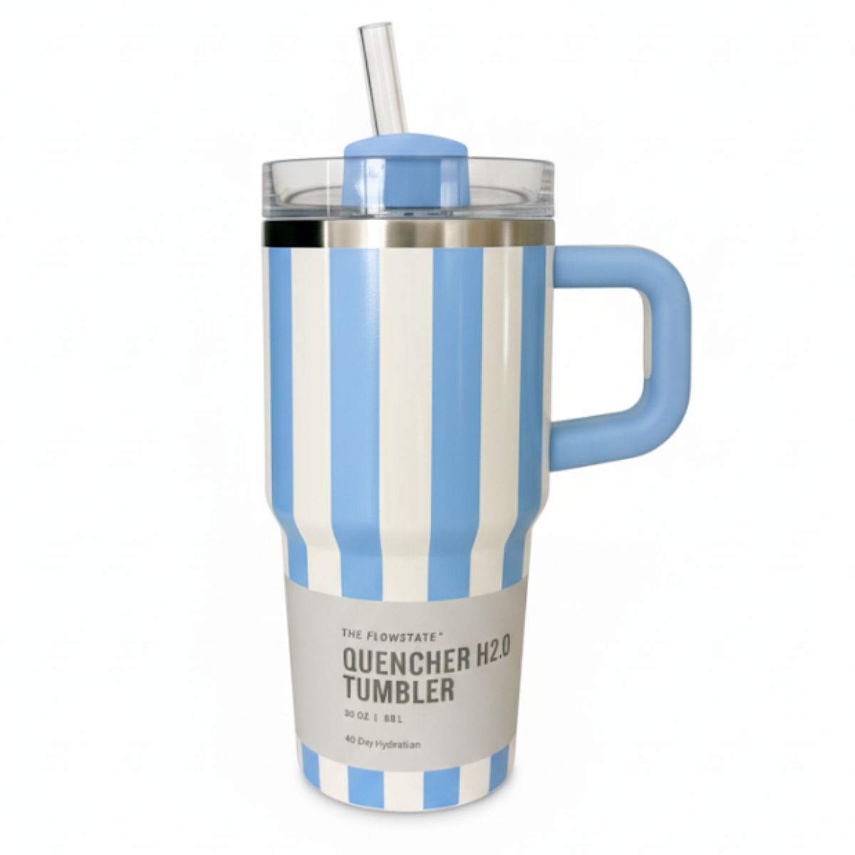 Botella De Agua Termo De 20 oz con carrizo. Vaso Térmico De Acero Inoxidable con popote. Color celeste con rayas.