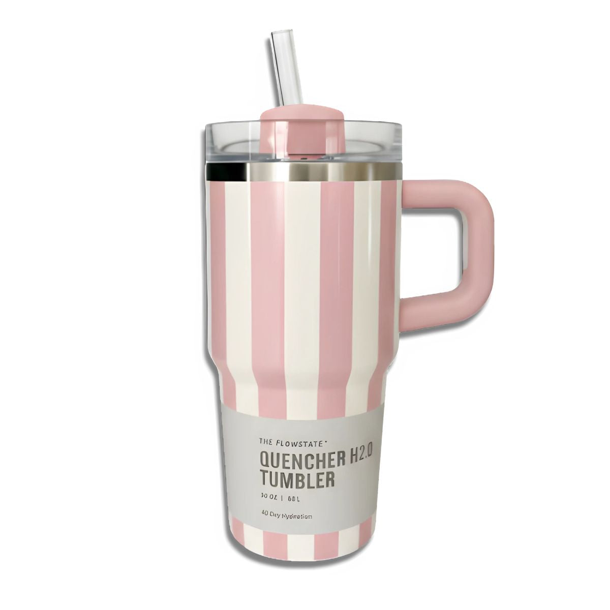 Botella De Agua Termo De 20 oz con carrizo. Vaso Térmico De Acero Inoxidable con popote. Color rosado con rayas.