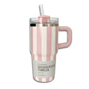 Botella De Agua Termo De 20 oz con carrizo. Vaso Térmico De Acero Inoxidable con popote. Color rosado con rayas.