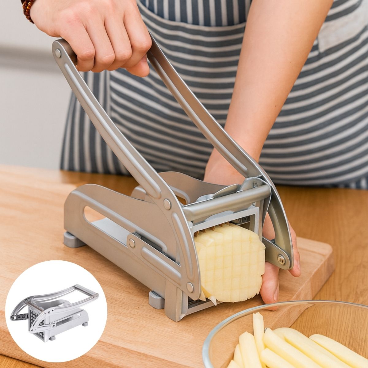 Cortador De Papas. Picadora Rebanadora De frutas y Vegetales Manual De Acero Inoxidable. Incluye 3 Cuchillas Intercambiables.