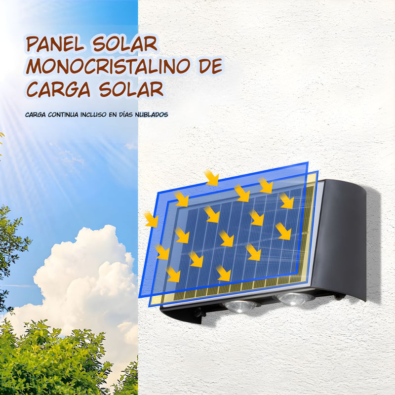 Lámpara Solar De Pared Con 4 LED. Luz Cálida Decorativa Para Exterior. Foco con panel solar.