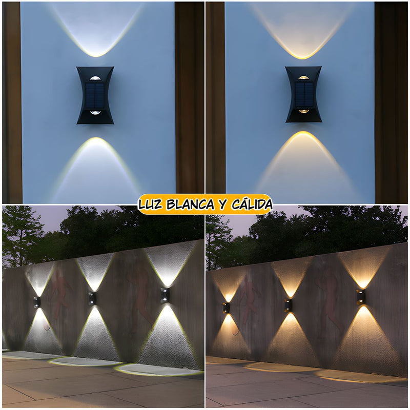 Lámpara Solar De Pared LED. Luz blanca y Cálida Decorativa Para Exterior. Foco con panel solar.