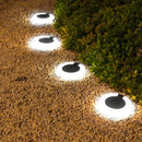 Lampara Solar LED Circular para jardín o exteriores. Luz blanca. Foco con panel solar para piso o caminos.