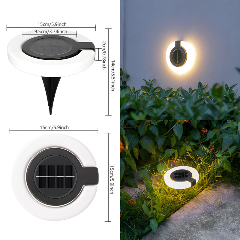 Lampara Solar LED Circular para jardín o exteriores. Luz cálida. Foco con panel solar para piso o caminos.