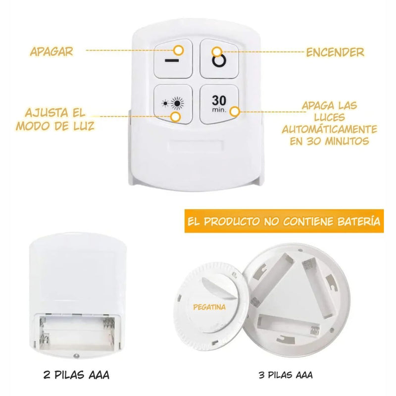Luz Adhesiva Con Control Remoto (Set de 3 piezas). Iluminación cálida COB Regulable con Temporizador.
