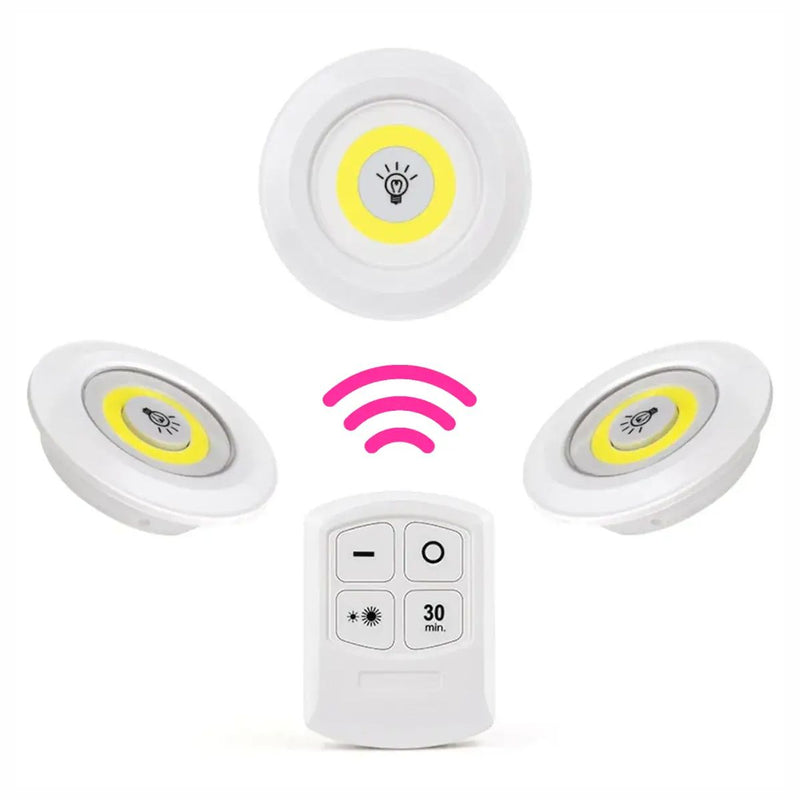 Luz Adhesiva Con Control Remoto (Set de 3 piezas). Iluminación cálida COB Regulable con Temporizador.