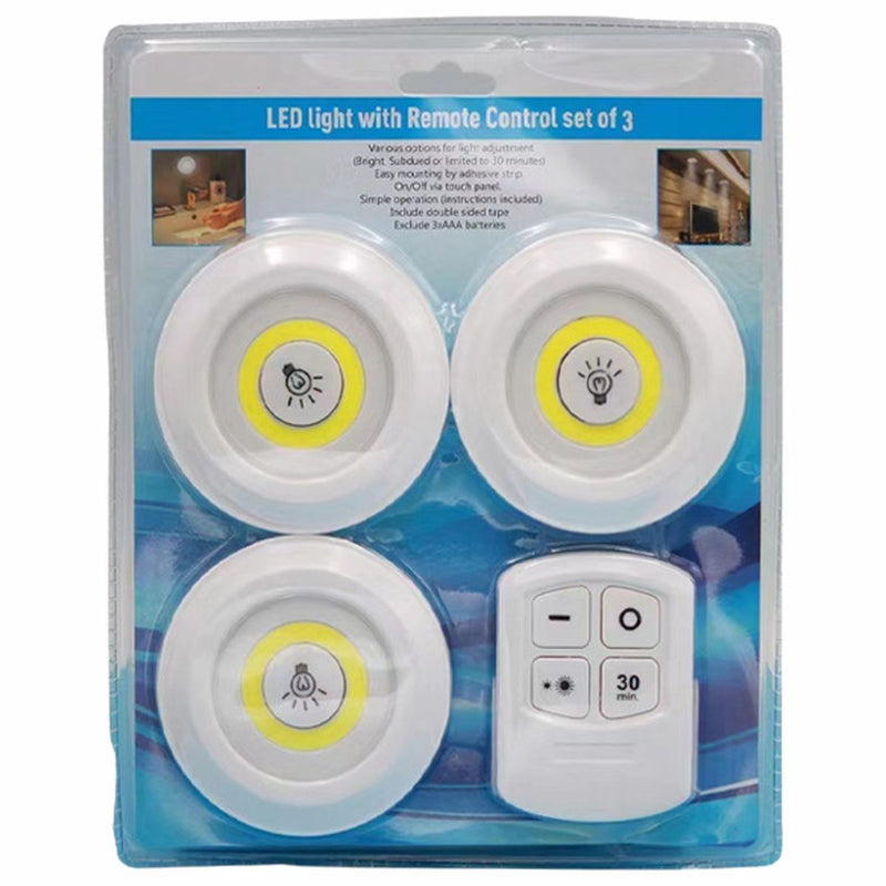 Luz Adhesiva Con Control Remoto (Set de 3 piezas). Iluminación cálida COB Regulable con Temporizador.