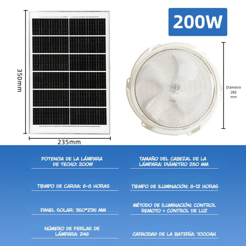Lámpara Solar LED De Techo 200W Con Panel De Silicio Y Control Remoto. Luz Blanca Fría Para Interiores Y Exteriores con panel solar.