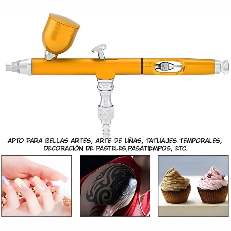 Aerógrafo Profesional Con Compresor integrado 110v Y Boquillas 0.2, 0.3 Y 0.5mm. Color Dorado. Ideal Para Uñas, Pasteles, Arte Y Tatuajes Temporales.