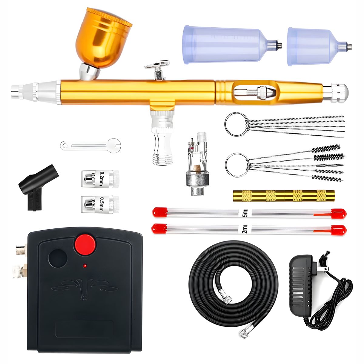 Aerógrafo Profesional Con Compresor integrado 110v Y Boquillas 0.2, 0.3 Y 0.5mm. Color Dorado. Ideal Para Uñas, Pasteles, Arte Y Tatuajes Temporales.