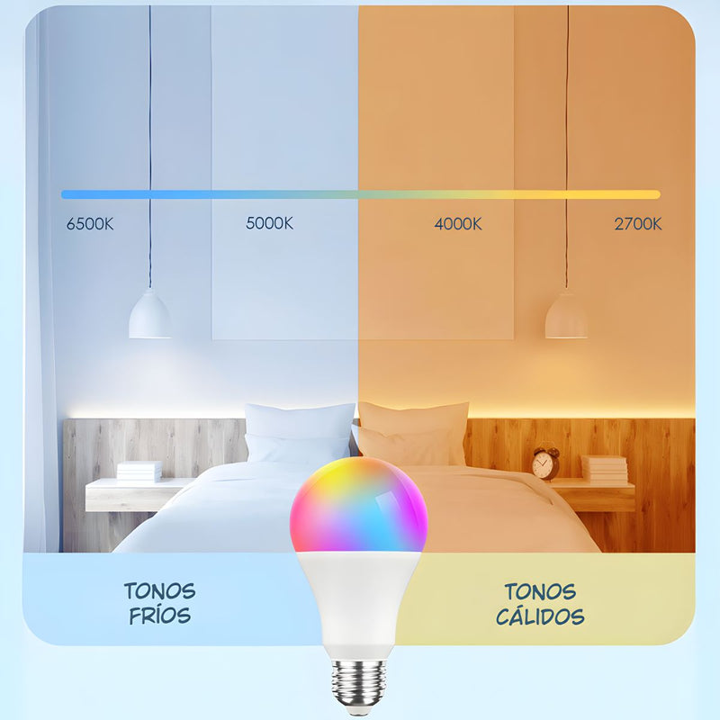 Foco Bombillo LED Inteligente RGB 15W Wifi y Bluetooth. Luz Multicolor Regulable con Control Remoto y App .