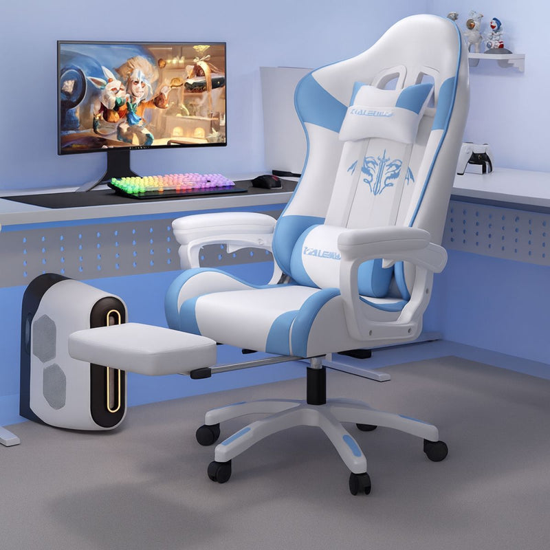 Silla Gamer Ergonómica Azul y Blanca. Silla de Oficina Reclinable con Reposapiés Extensible.