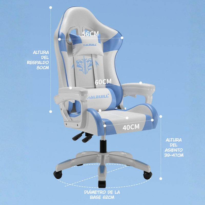 Silla Gamer Ergonómica Azul y Blanca. Silla de Oficina Reclinable con Reposapiés Extensible.