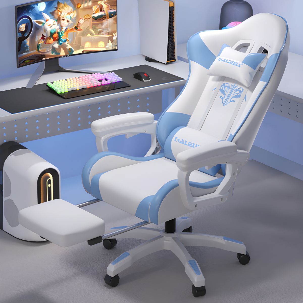Silla Gamer Ergonómica Azul y Blanca. Silla de Oficina Reclinable con Reposapiés Extensible.
