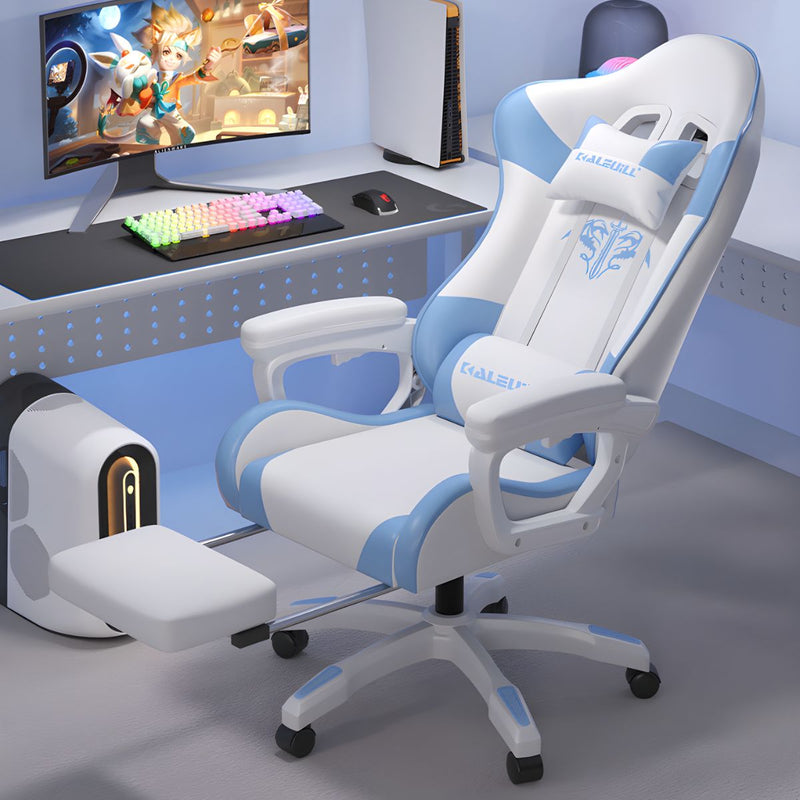 Silla Gamer Ergonómica Azul y Blanca. Silla de Oficina Reclinable con Reposapiés Extensible.