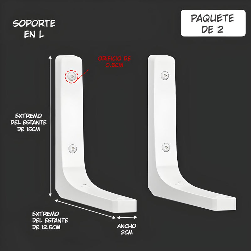 Soporte Metálico en L para Repisas 15x12.5cm. Escuadras de Pared Resistentes para Estantes Flotantes (PAR).