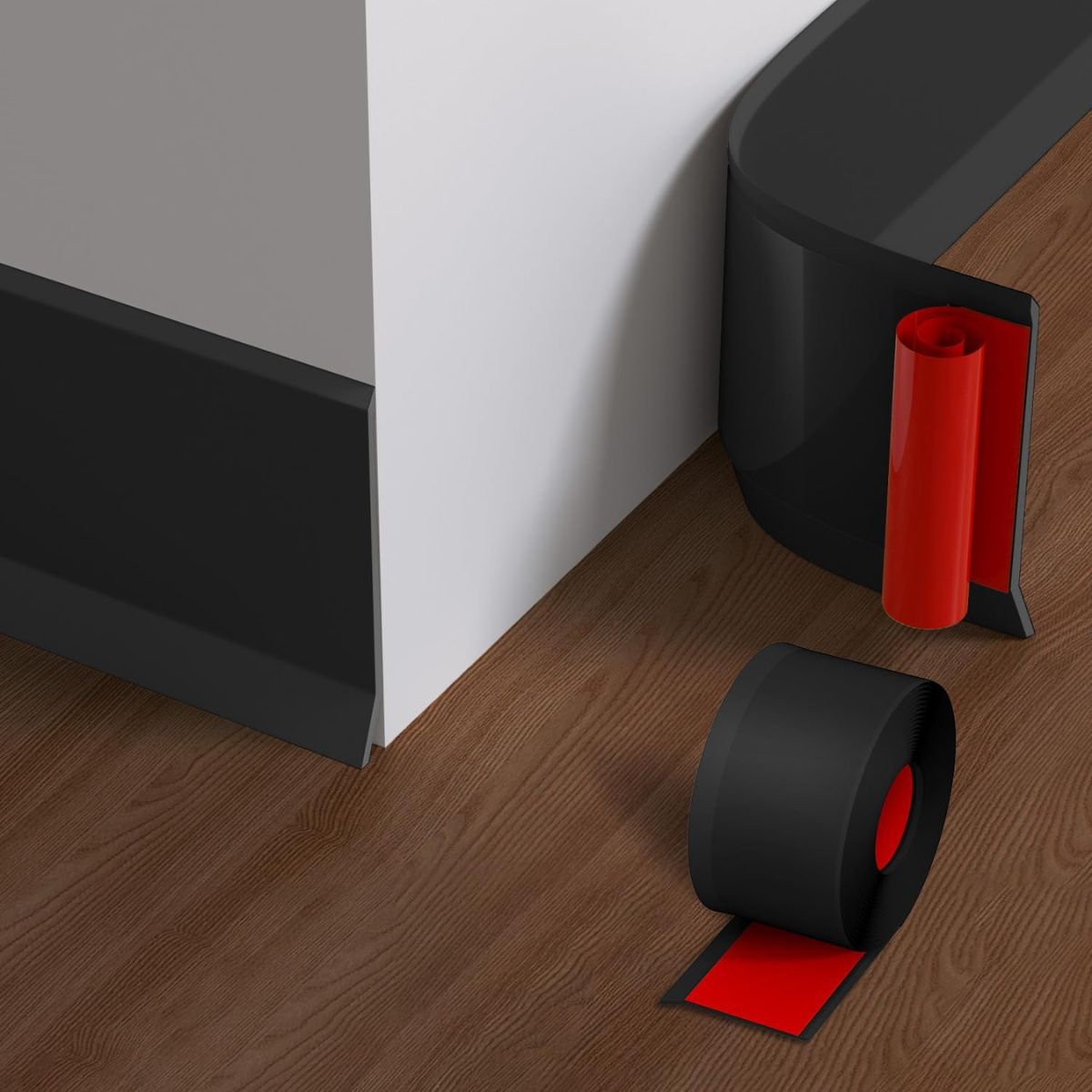 Zócalo Autoadhesivo Flexible. 4" 10cm de Ancho. Protector Decorativo para Pared y Piso. Color negro.(Se vende por metro lineal)