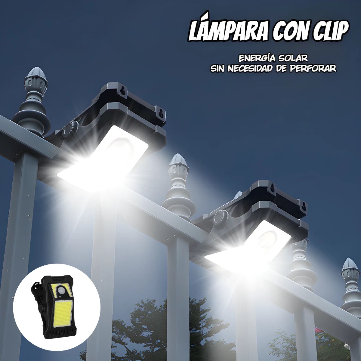 Lámpara Solar LED Para Exterior Con Sensor De Movimiento. Foco De Pared Con Clip y Panel Solar. Luz Para Jardines o Patios.