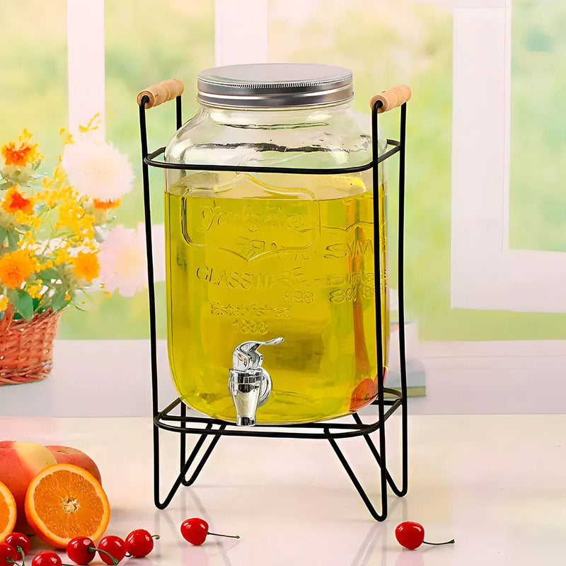Dispensador de Bebidas de Vidrio 4L con Grifo Metálico Antigoteo. Incluye soporte de hierro. Ideal para Jugos.