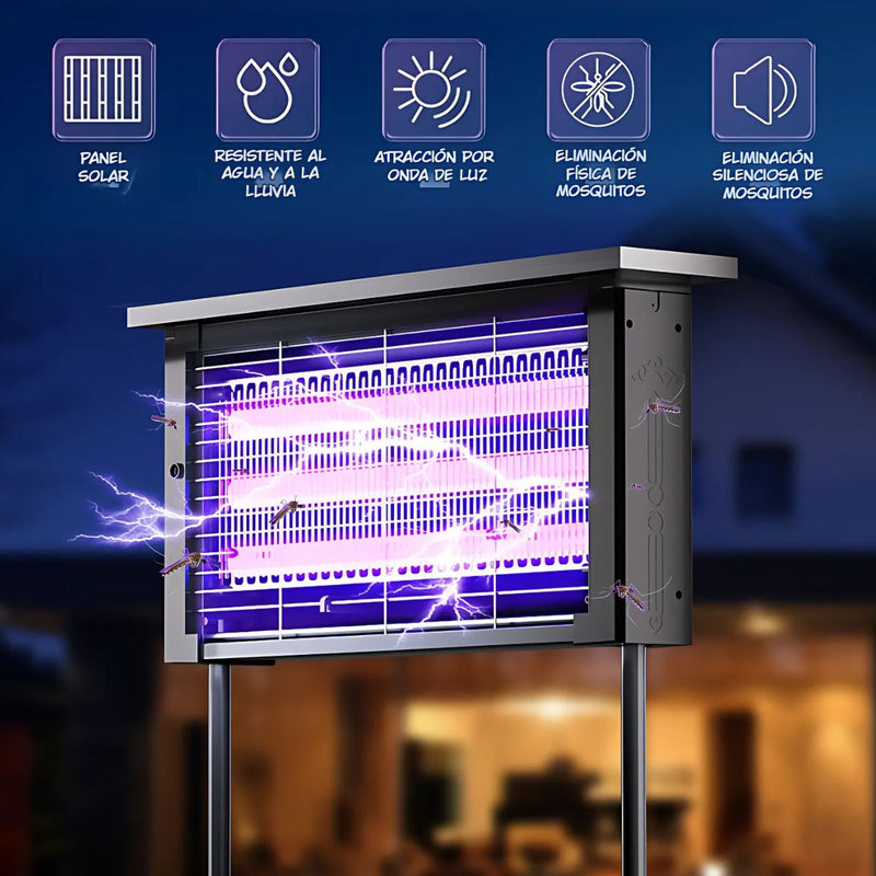 Lámpara Mata Insectos Solar 15W. Trampa para Mosquitos Con panel solar y Luz UV. Resistente al Agua IPX6 para Exteriores.