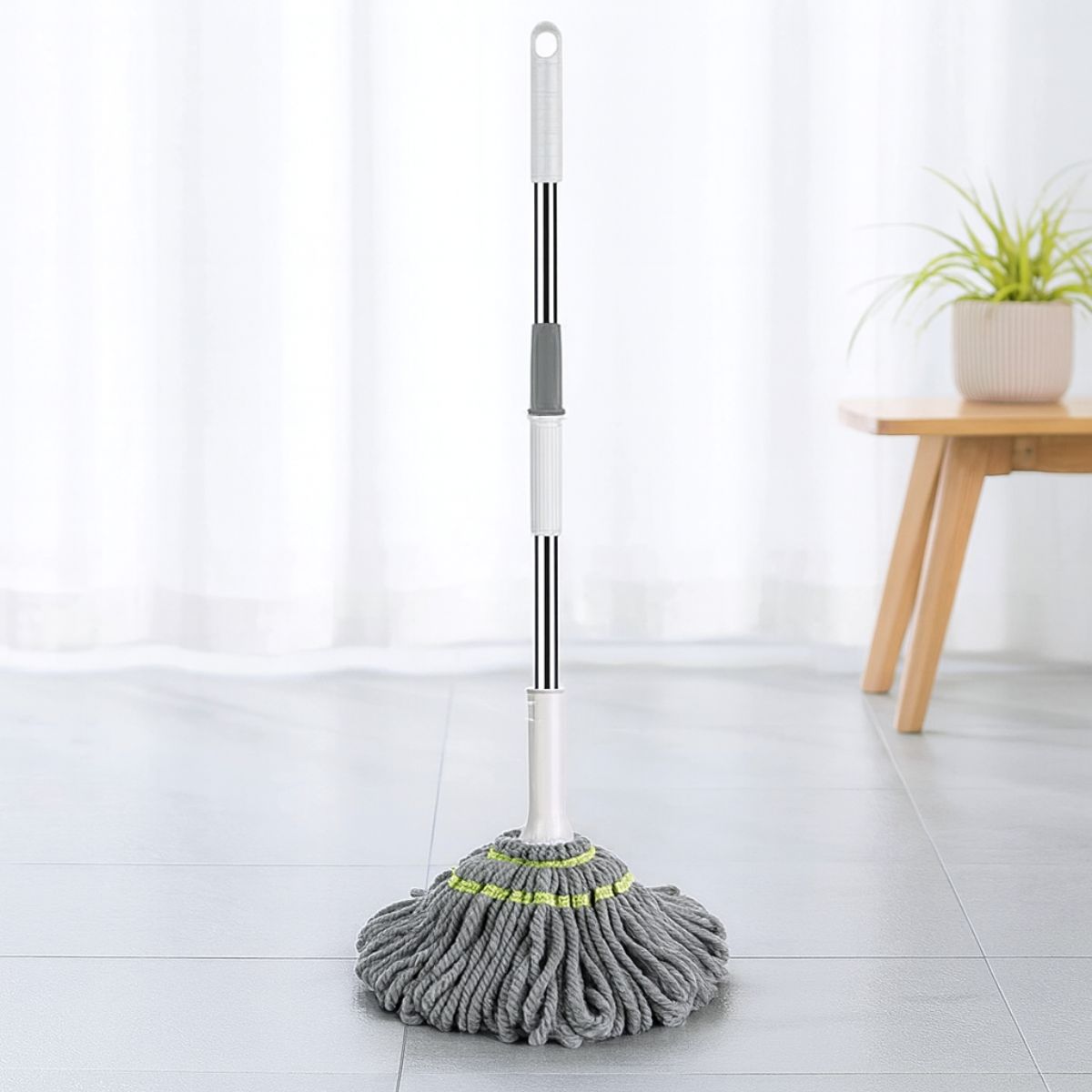 Trapeador Giratorio de Microfibra. Mopa Absorbente con Sistema de Autoescurrido Manual. Lampazo con Palo de Acero Inoxidable.