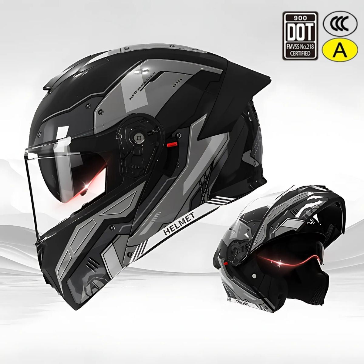 Casco Modular para motocicletas. Color Negro y Gris con Visor Transparente, Certificación DOT/3C.
