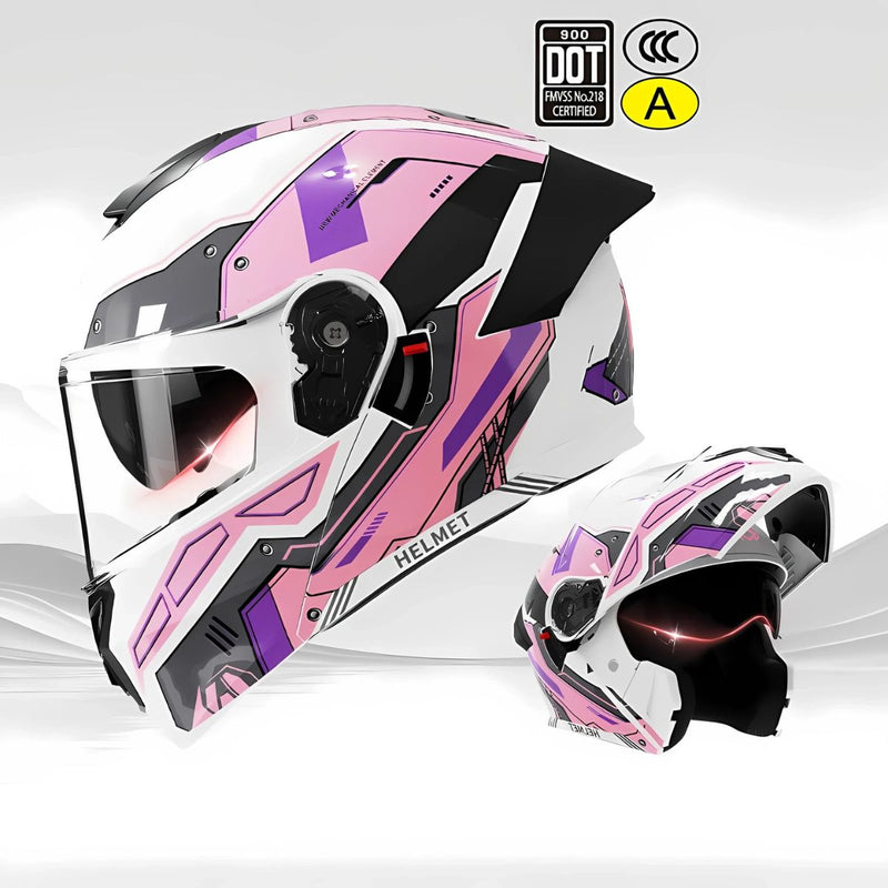 Casco Modular para motocicletas. Color blanco y roado con Visor Transparente, Certificación DOT/3C.