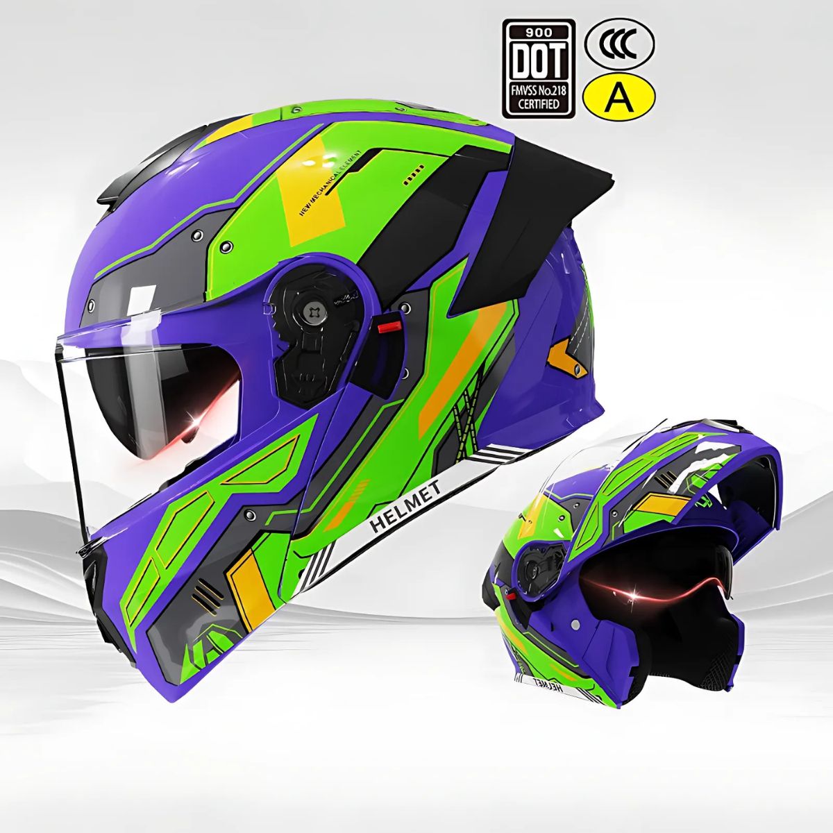Casco Modular para motocicletas. Color morado y verde con Visor Transparente, Certificación DOT/3C.