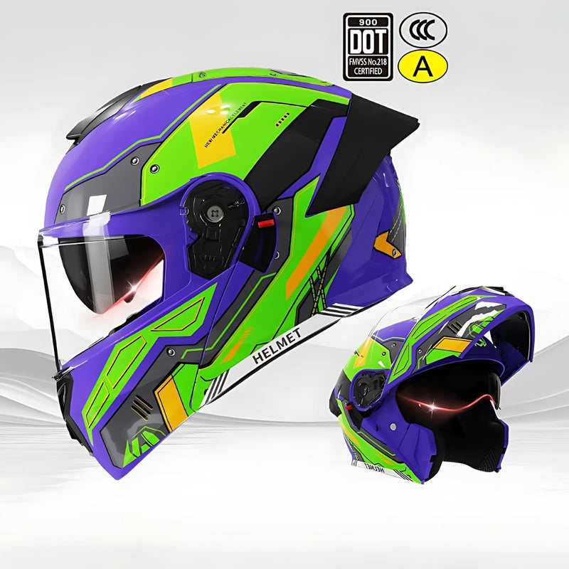 Casco Modular para motocicletas. Color morado y verde con Visor Transparente, Certificación DOT/3C.