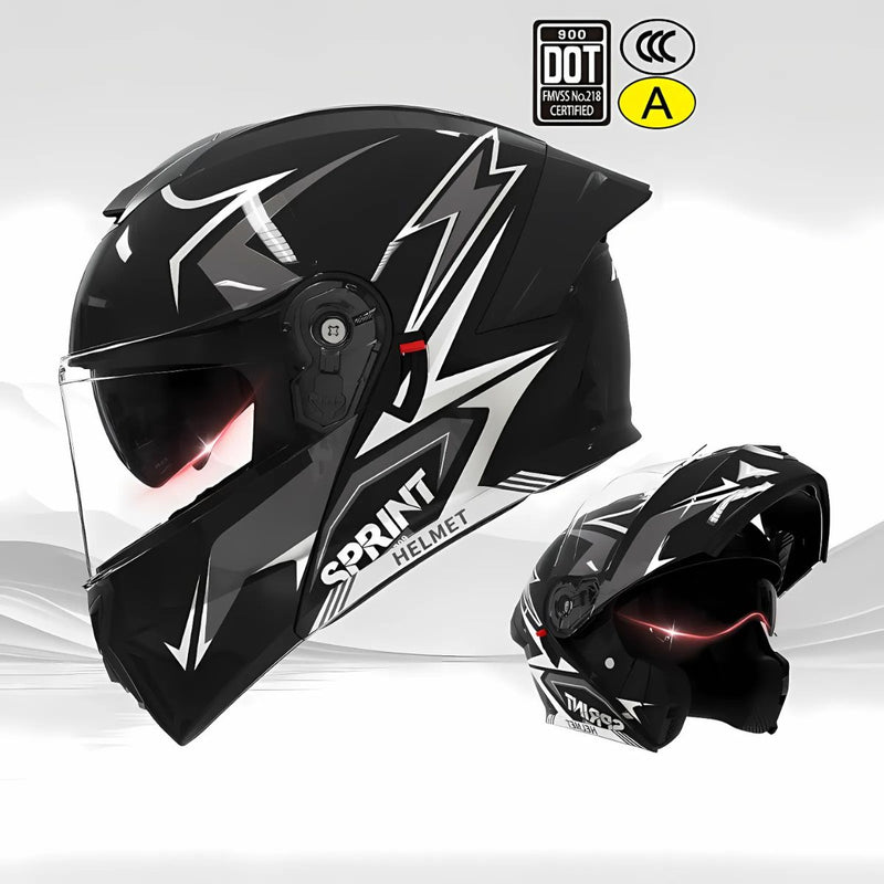 Casco Modular para motocicletas. Color negro y blanco con Visor Transparente, Certificación DOT/3C.