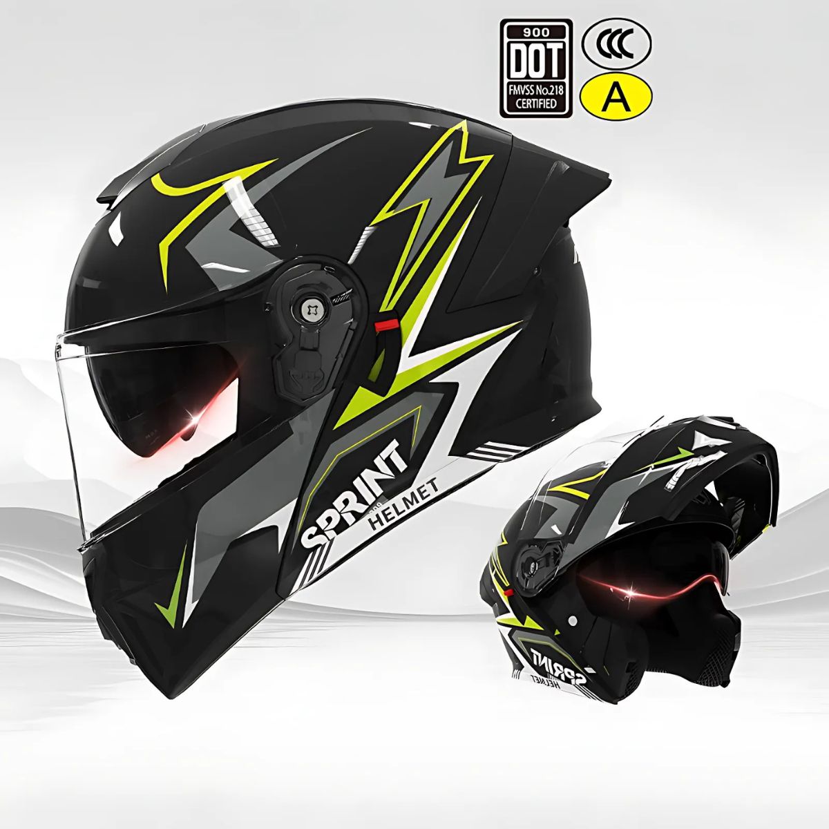 Casco Modular para motocicletas. Color negro y verde Fosforescente con Visor Transparente, Certificación DOT/3C.