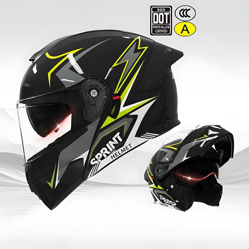 Casco Modular para motocicletas. Color negro y verde Fosforescente con Visor Transparente, Certificación DOT/3C.