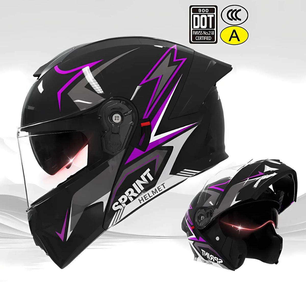 Casco Modular para motocicletas. Color negro y morado con Visor Transparente, Certificación DOT/3C.