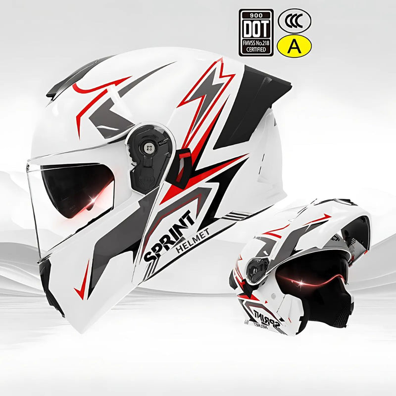 Casco Modular para motocicletas. Color blanco y rojo con Visor Transparente, Certificación DOT/3C.