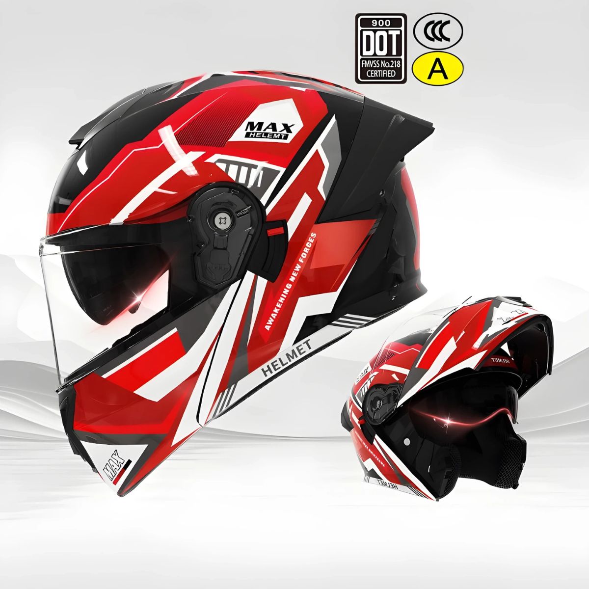 Casco Modular para Motocicletas. Color rojo y blanco con Visor Transparente, Certificación DOT/3C.